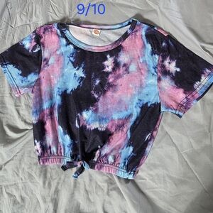 Tie-Dye Cropped Tie-Front Tee - Pink, Blue & Black